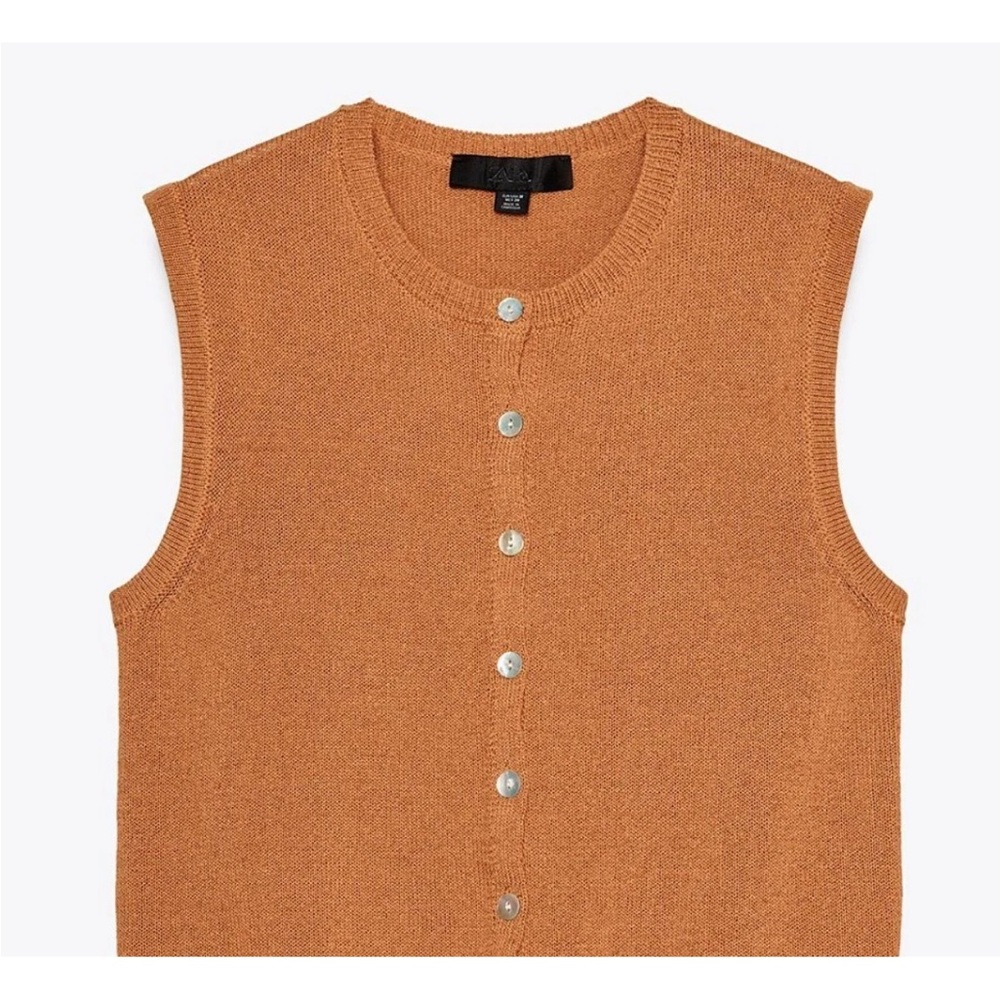 Zara NWT tan rust orange button front knit vest cardigan - Picture 8 of 9